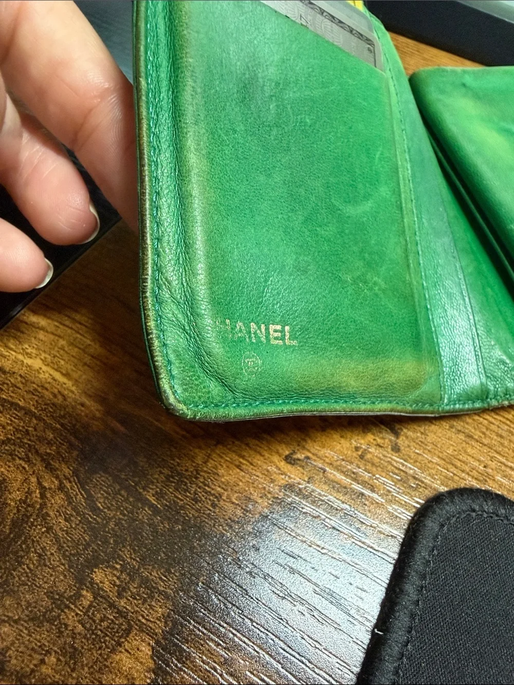 CHANEL Green Quilted CC Leather Wallet